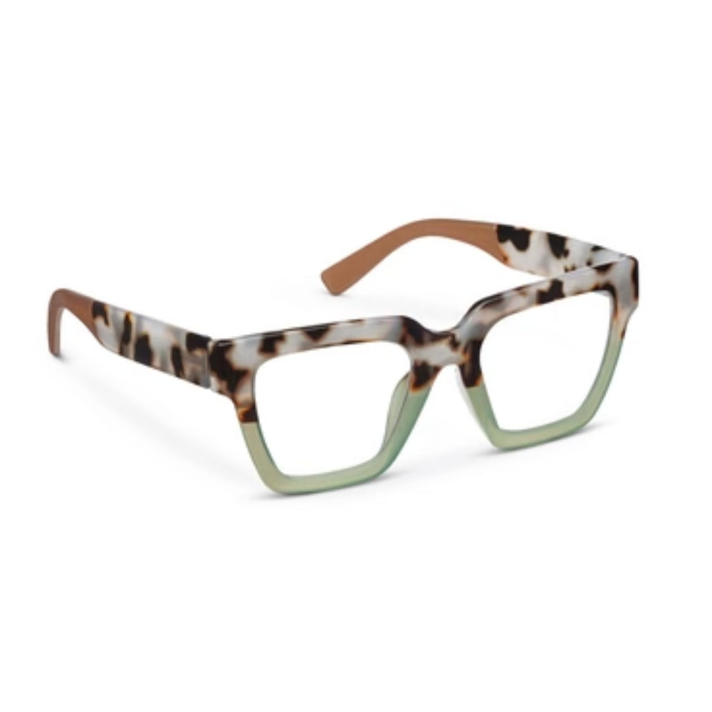 Square eyeglasses with a tortoiseshell pattern frame and translucent green-tinted lower rims, shown on a plain white background.