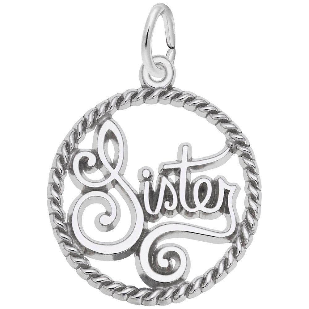 Silver 'Sister' rope circle charm on a white background