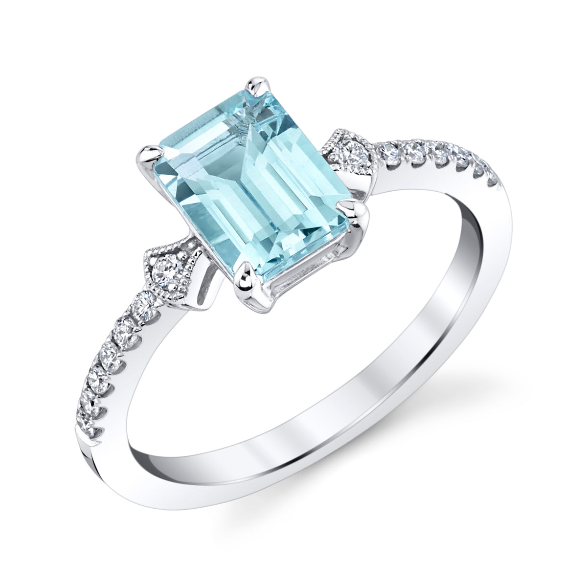 A silver-toned engagement ring featuring a large emerald-cut light blue aquamarine center stone, accented by small round-cut diamonds along the shoulders, set against a clean white background with a soft shadow.
