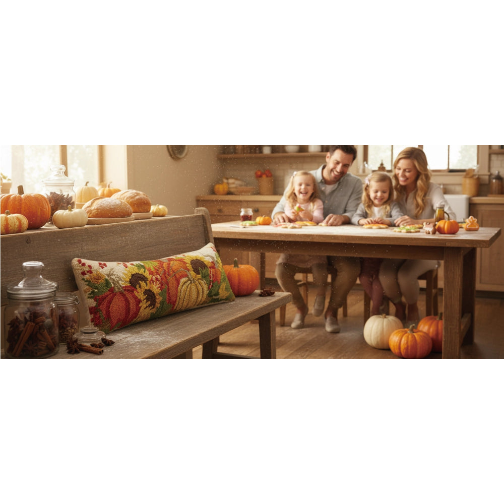 A family of four sits at a wooden dining table in a warm, autumn-themed kitchen, with a colorful fall-themed throw pillow on a bench in the foreground decorated with pumpkins.