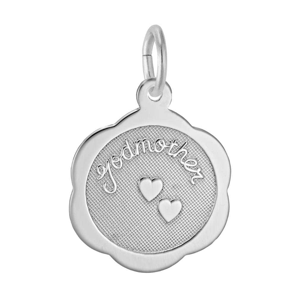 Silver charm with 'godmother' and heart designs on a white background