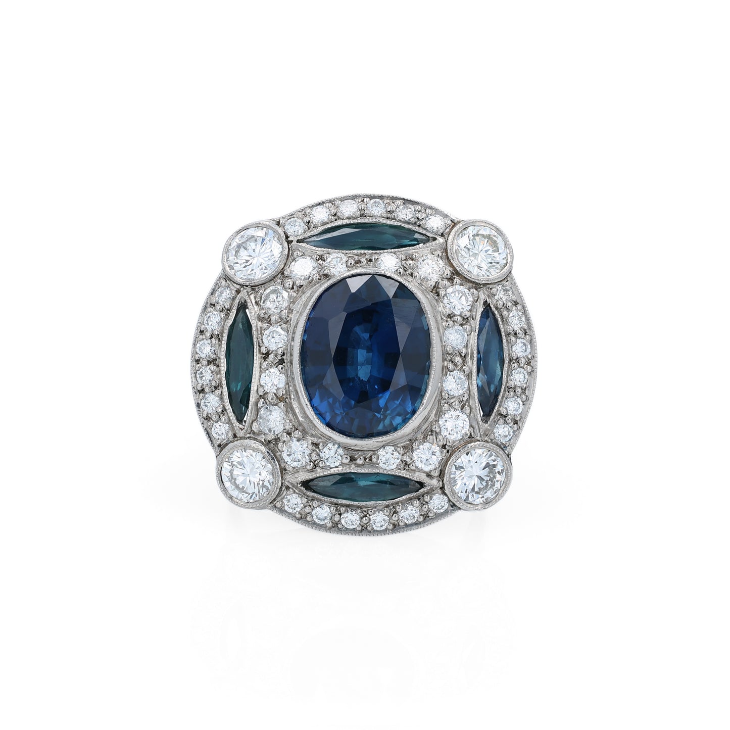 Estate Platinum 5.70ct Oval Sapphire and Diamond Halo Cocktail Ring