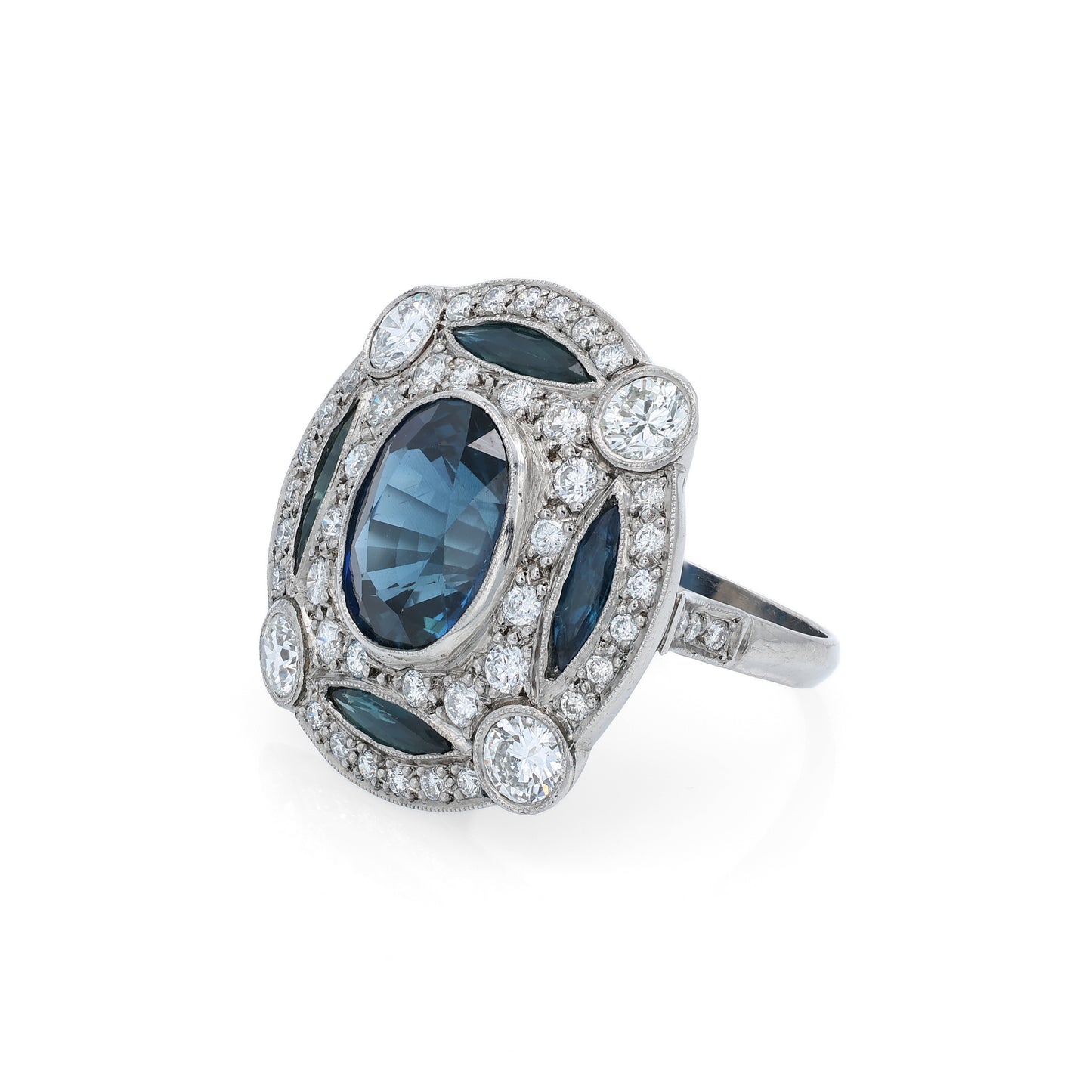 Estate Platinum 5.70ct Oval Sapphire and Diamond Halo Cocktail Ring