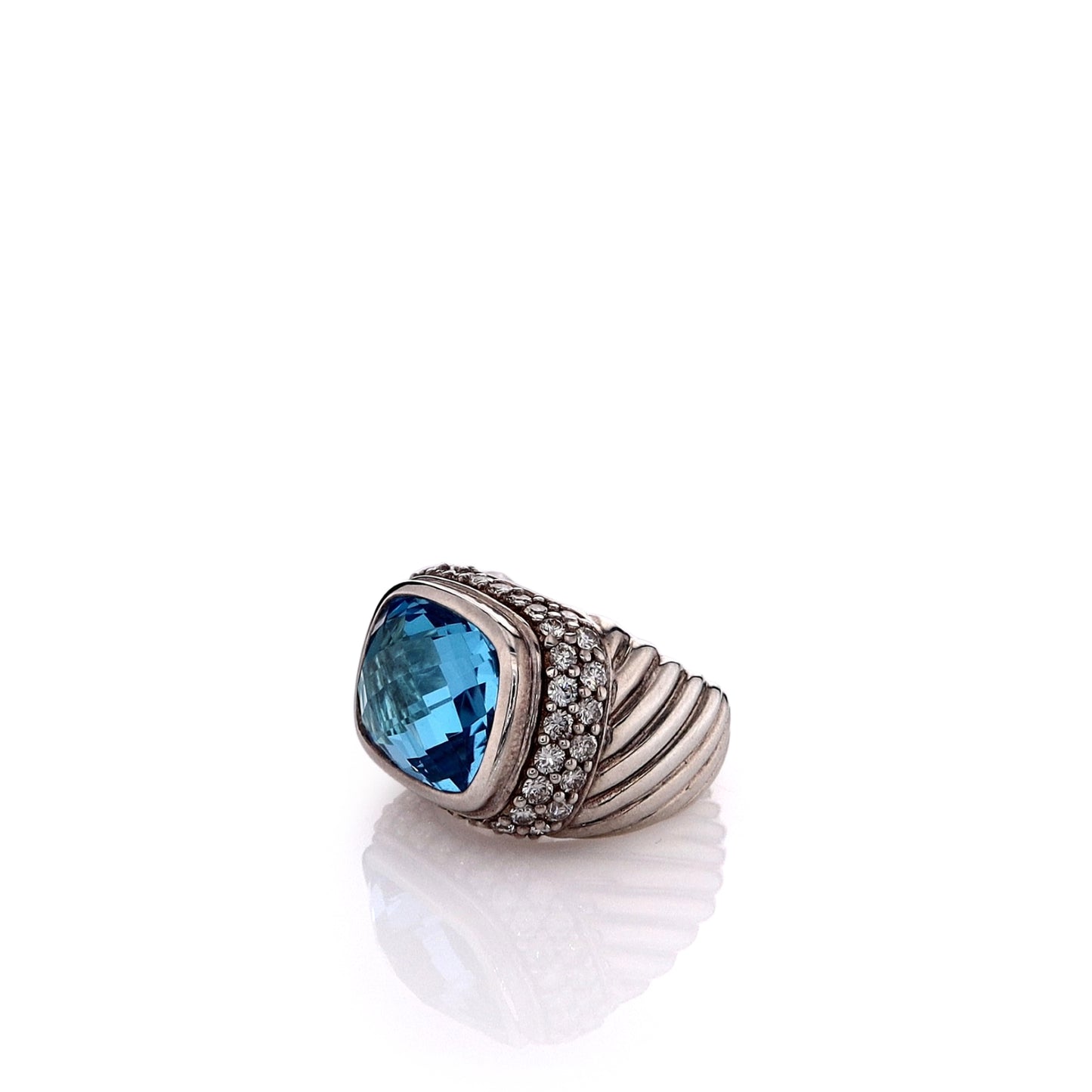 Estate David Yurman Sterling Silver Faceted Blue Topaz and Diamond Halo Ring