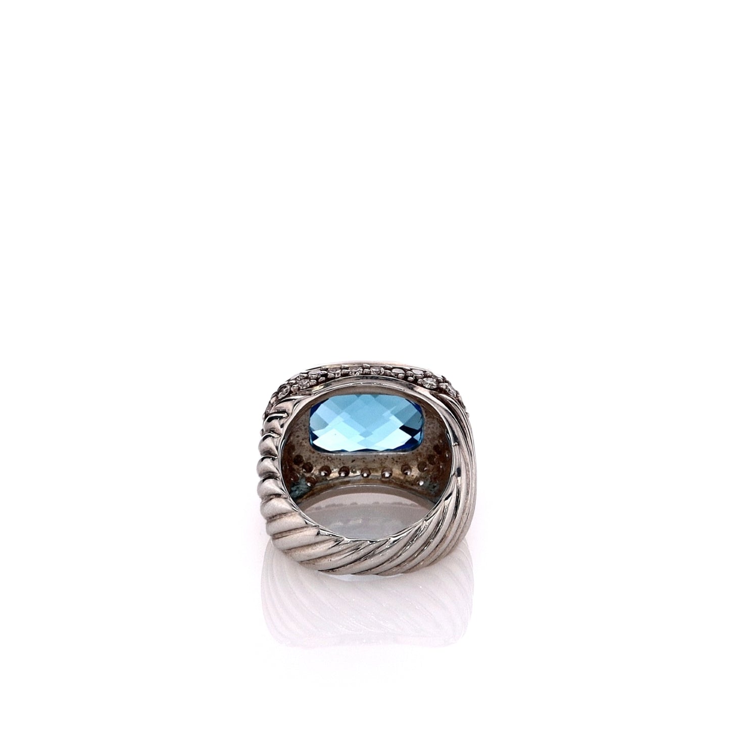 Estate David Yurman Sterling Silver Faceted Blue Topaz and Diamond Halo Ring