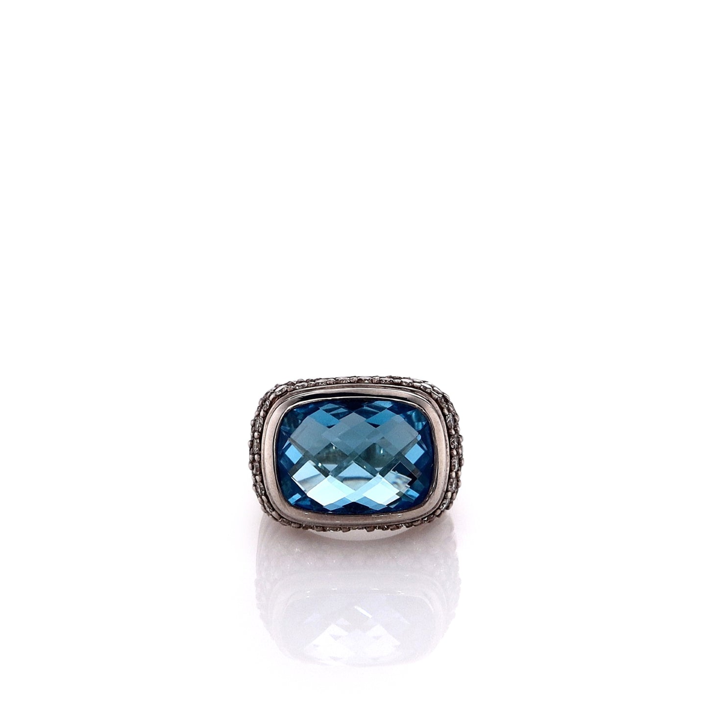 Estate David Yurman Sterling Silver Faceted Blue Topaz and Diamond Halo Ring