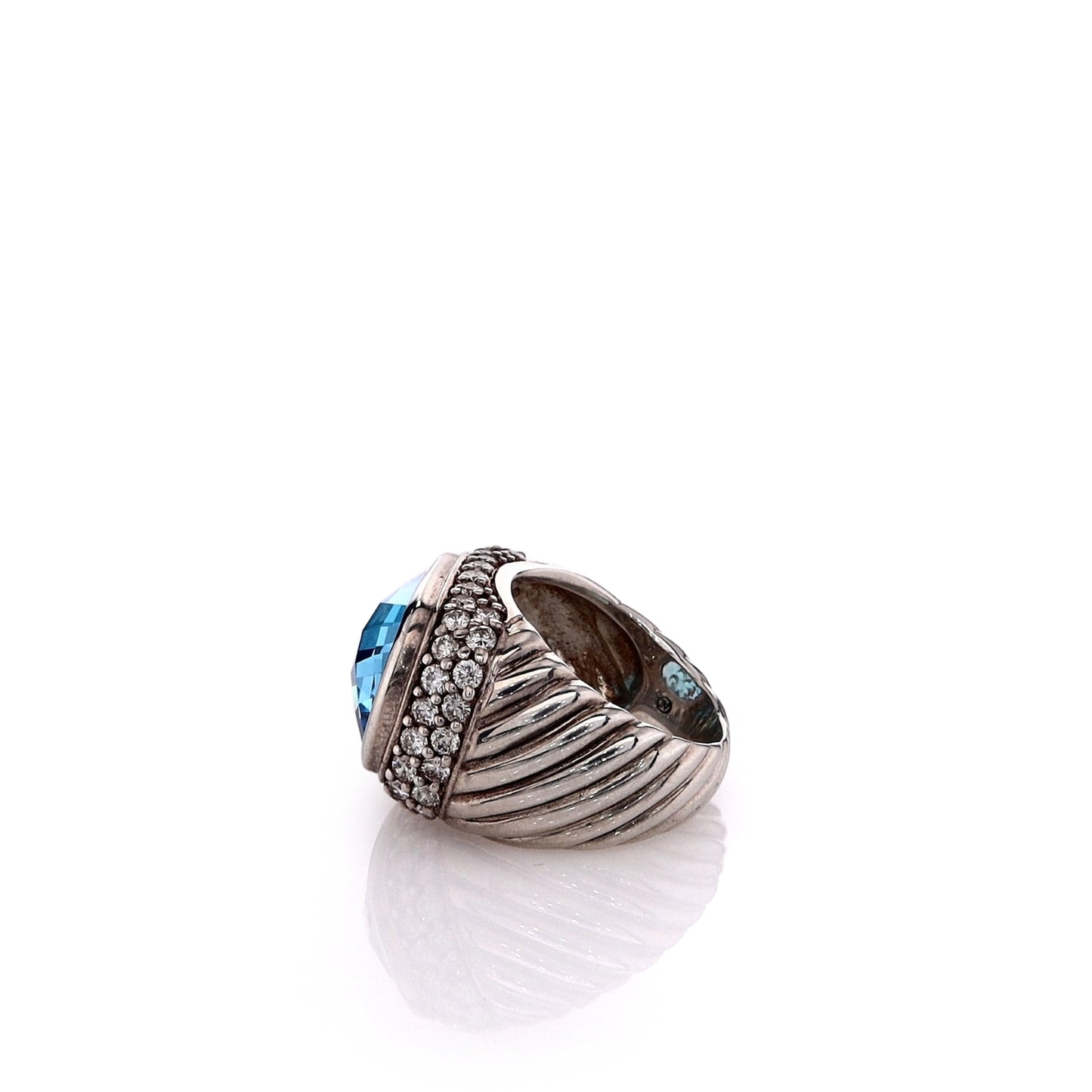 Estate David Yurman Sterling Silver Faceted Blue Topaz and Diamond Halo Ring
