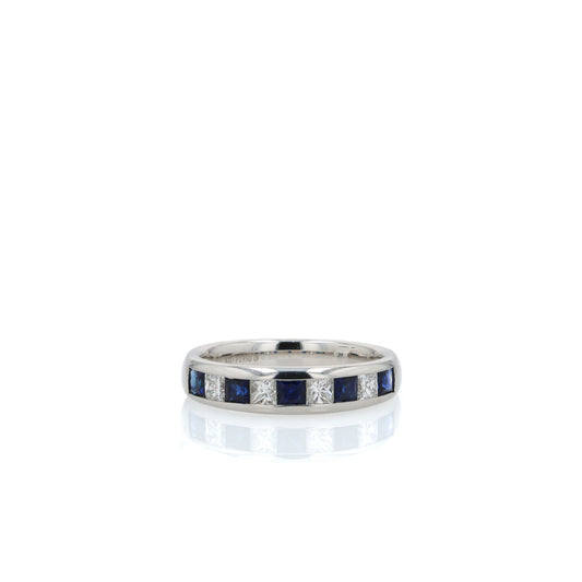 Platinum Alternating Square Blue Sapphire and Diamond Band