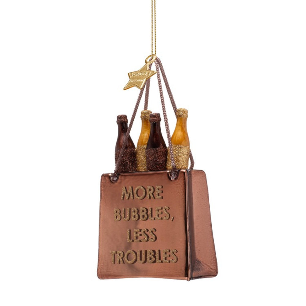 Decorative ornament with bottles and a bag labeled 'More Bubbles, Less Troubles' on a white background