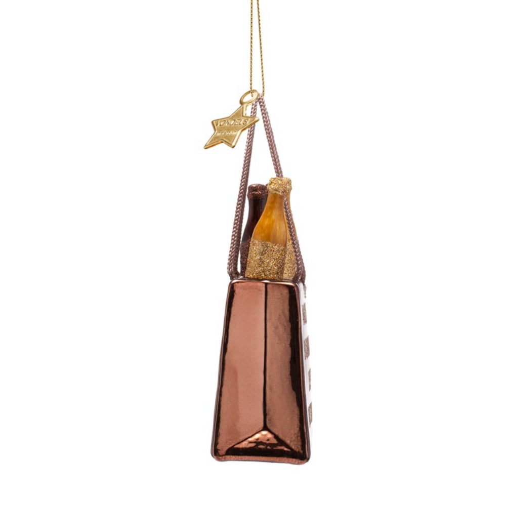 Decorative hanging ornament with rose gold finish and star charm on a white background