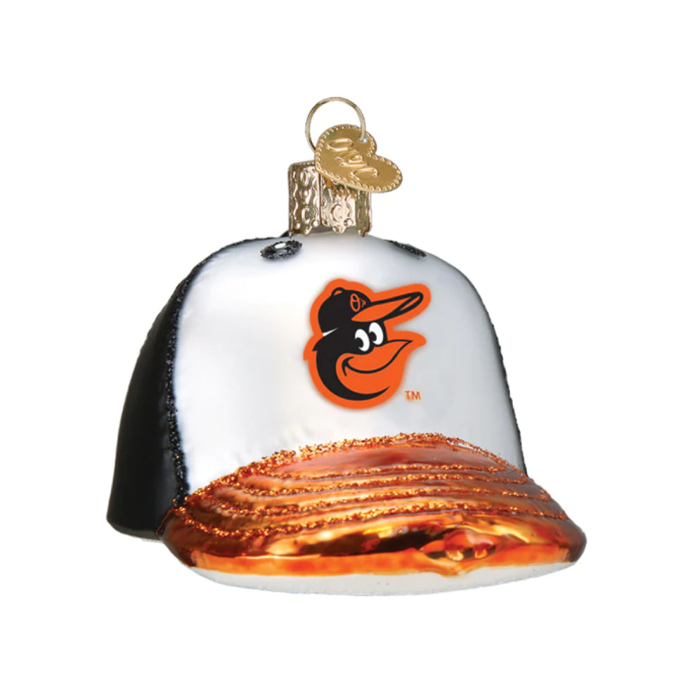 Glass ball cap ornament with a Orioles logo on a white background