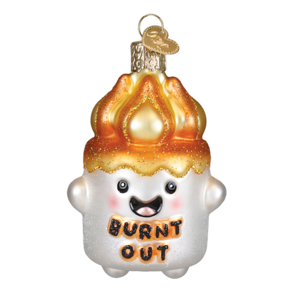 Glass ornament shaped like a marshmallow with a flame on its head and 'BURNED OUT' text.