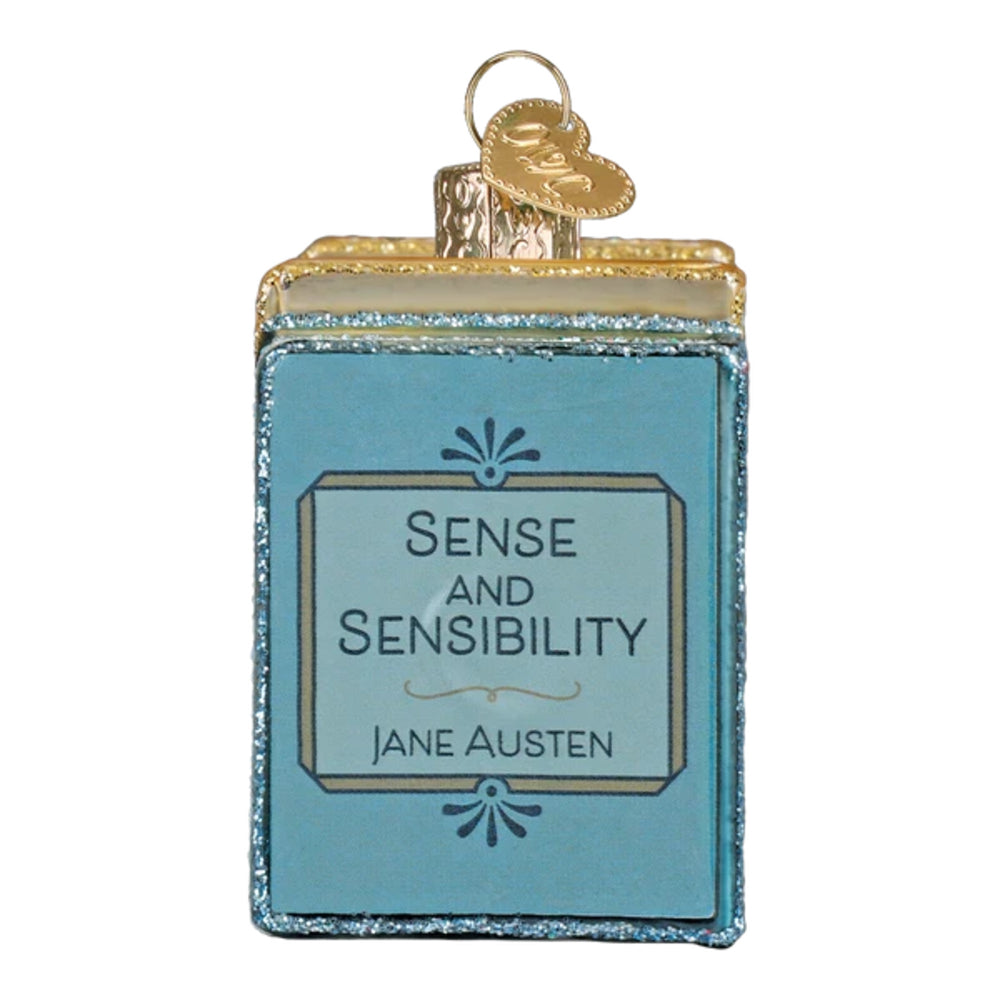 Decorative ornament shaped like a book titled 'Sense and Sensibility' by Jane Austen on a white background.