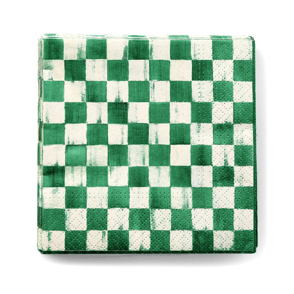 Folded  green and white checkered napkin on a white background