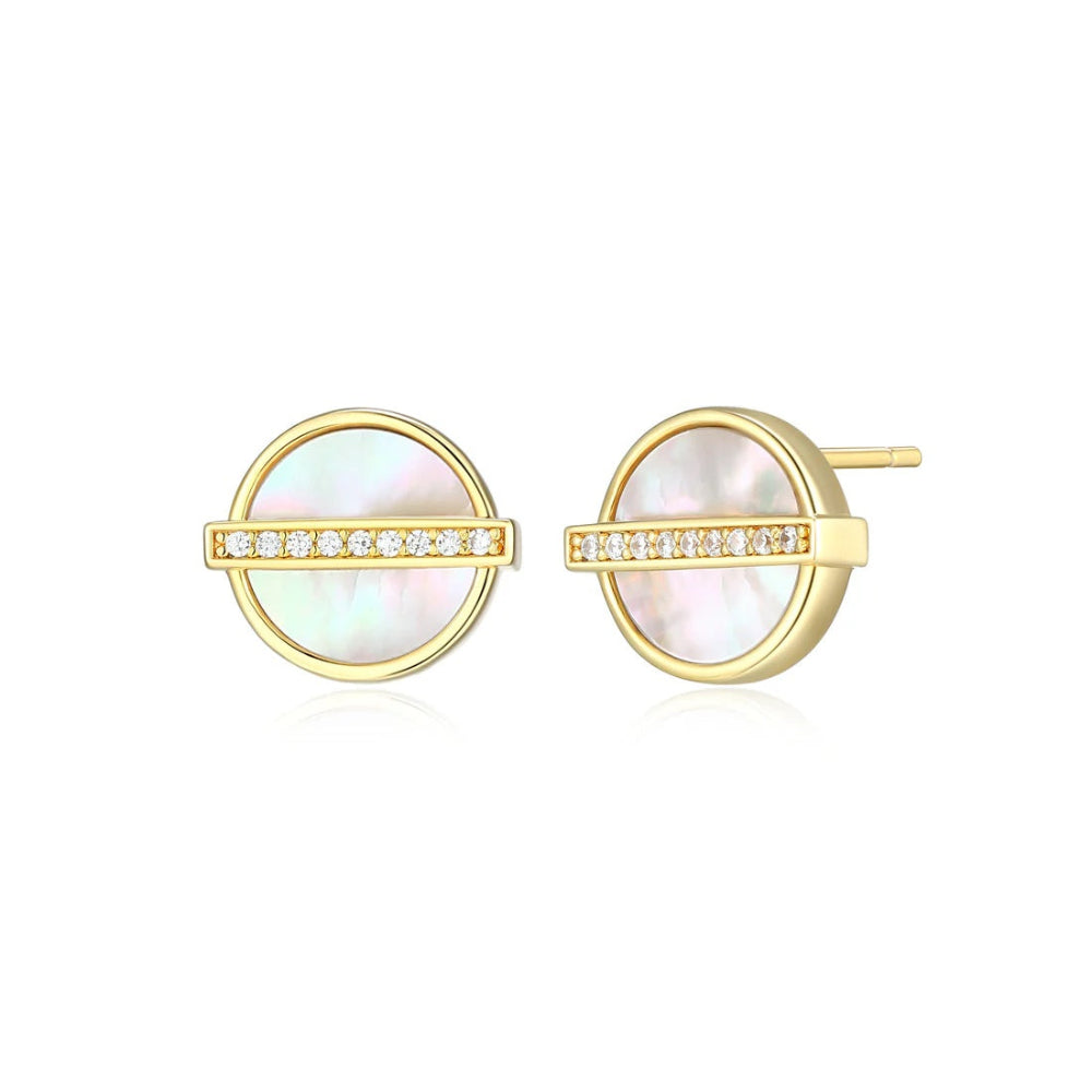 A pair of gold tone round stud earrings featuring a central horizontal bar set with small clear cubic zirconia stones and an iridescent white mother-of-pearl inlay behind it