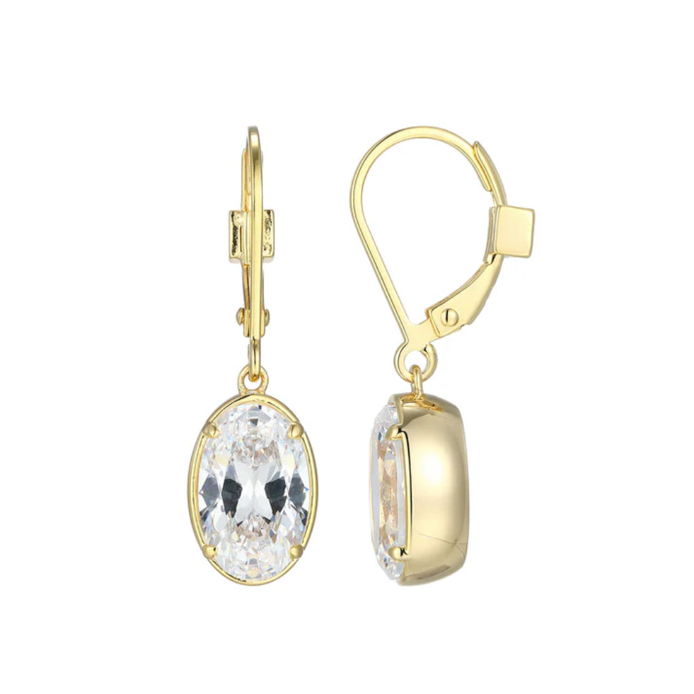 Sterling Silver "Serenelle" Yellow Gold Plated leverback earrings with oval Cubic Zirconia stone 