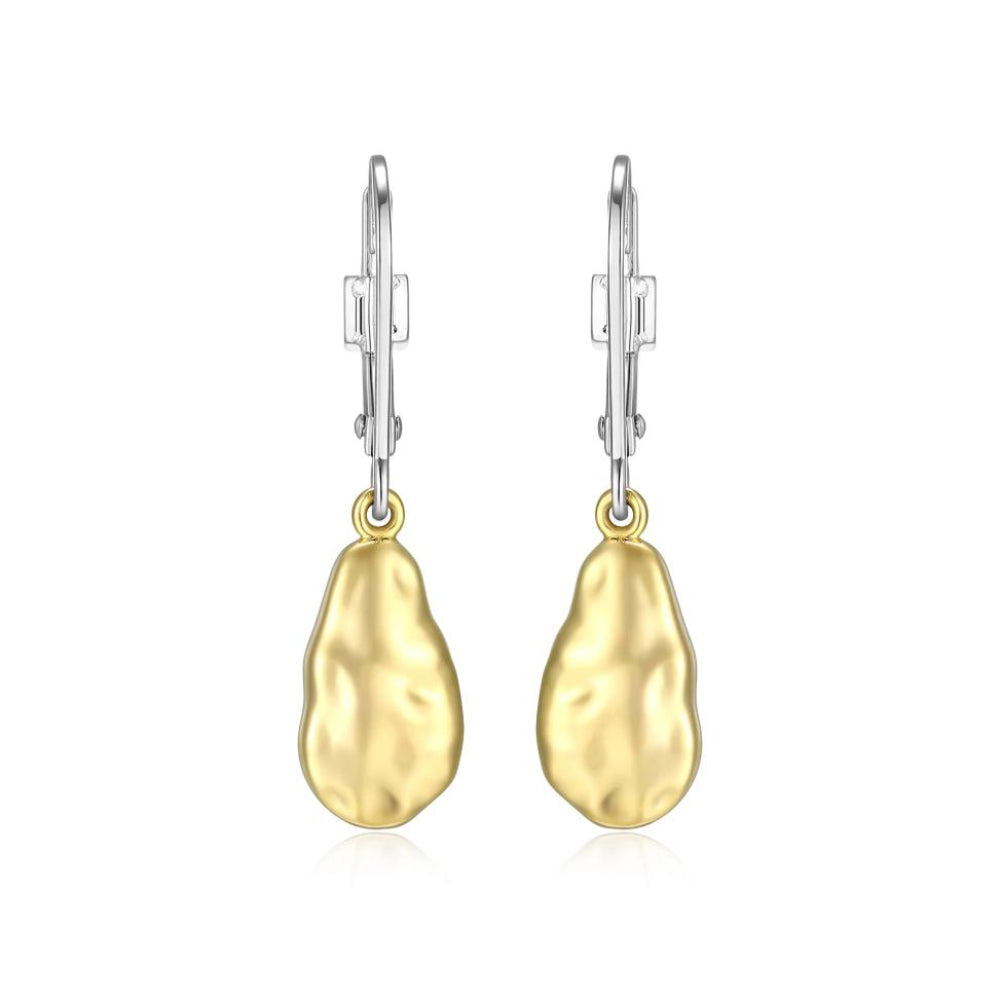 A pair of gold and silver leverback earrings with textured pear-shaped hammered.drop earrings