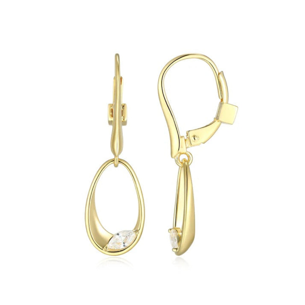 A pair of gold tone  leverback drop earrings with an open oval design and a small clear marquise-cut gemstone at the bottom