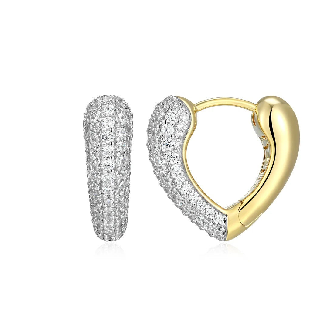 A pair of huggie hoop earrings, one shown from the front and the other from the side. The hoops are pavé-set with clear stones one side portion and have a polished gold clasp and heart-shaped curve.