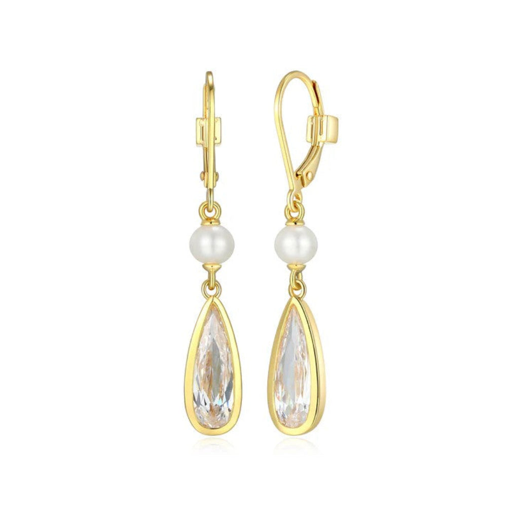 A pair of gold tone leverback drop earrings featuring a white Freshwater pear land a teardrop-shaped clear crystal