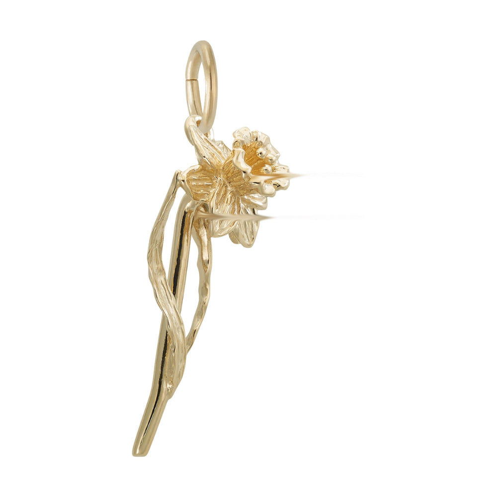 Side View of Gold pendant with floral design on a white background