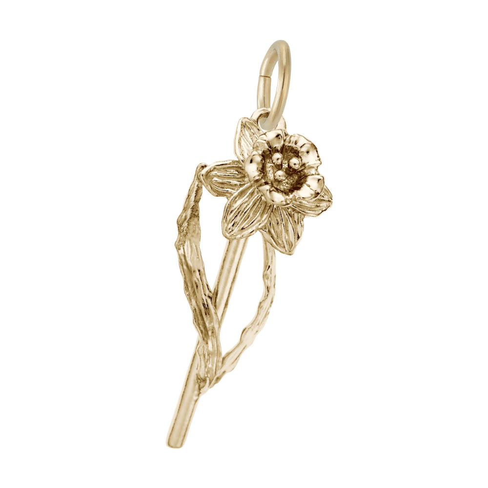 Gold daffodil flower pendant on a white background