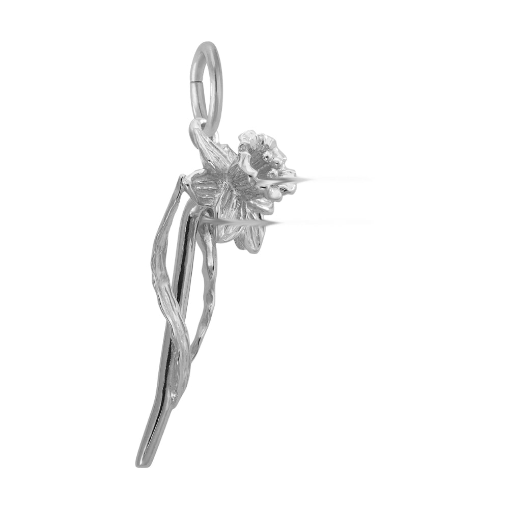 Side View of Silver pendant with floral design on a white background