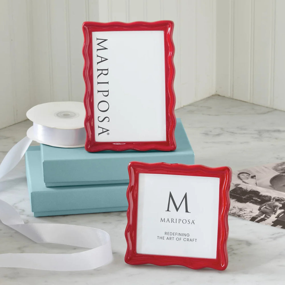 Red 4x6 & 4x4 wavy frames with boxes on a marbled backround. 