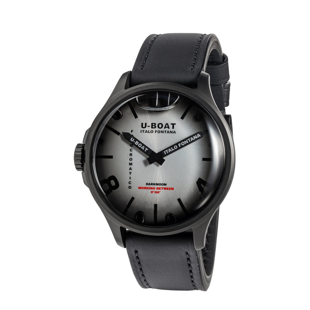 U-Boat watch with black leather strap and silver dial on a white background
