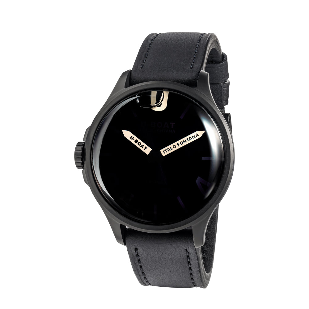 Black watch with a white brand name on a white background
