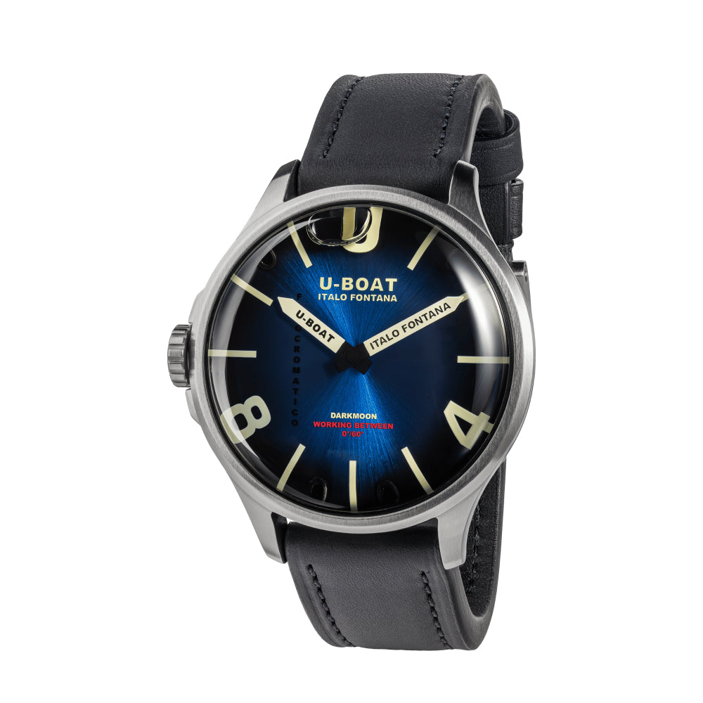 A U-Boat Tifo Fontana wristwatch with a black leather strap, a silver-toned metal case, and a blue sunburst dial with gold-tone numerals and hands.