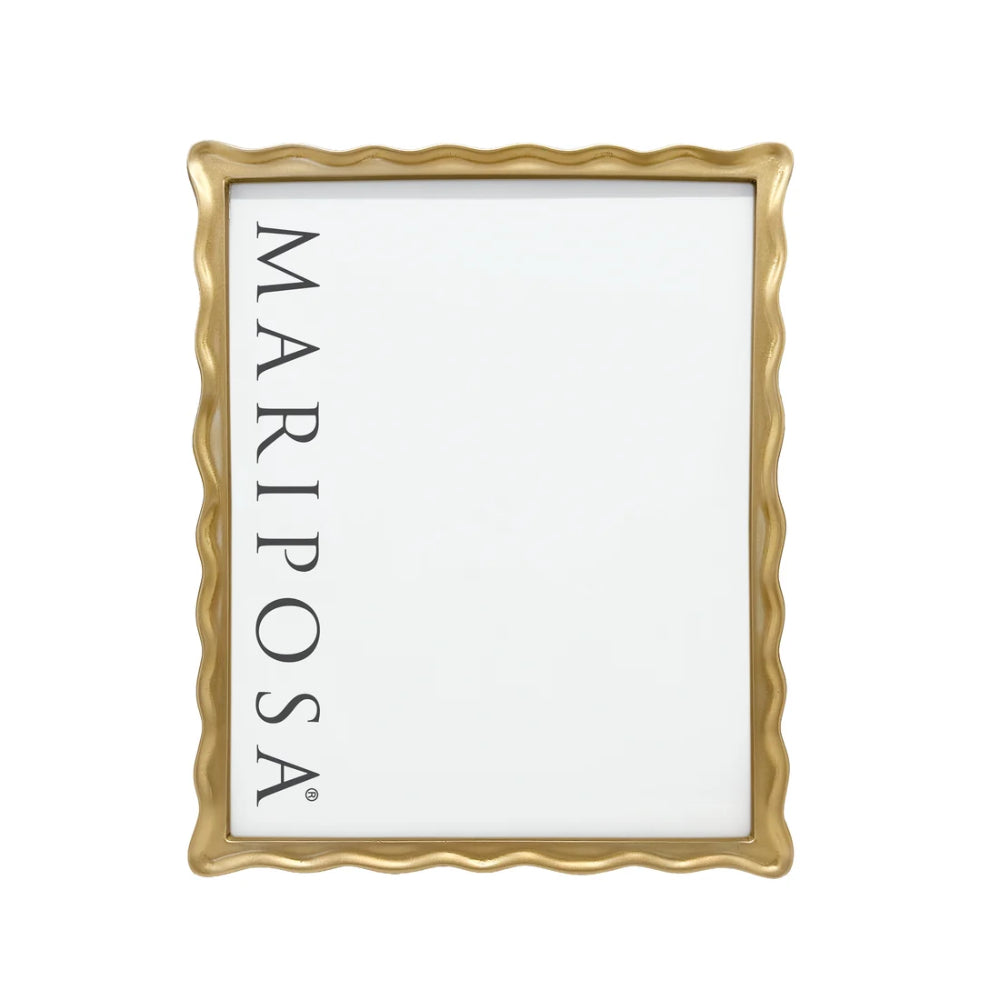 A square white picture frame with a wavy, scalloped gold border, featuring the brand name 'MARIPOSA' printed vertically in black on the left side.