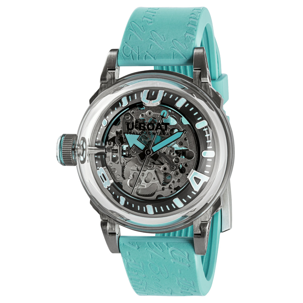 Watch with turquoise strap and transparent face on a white background