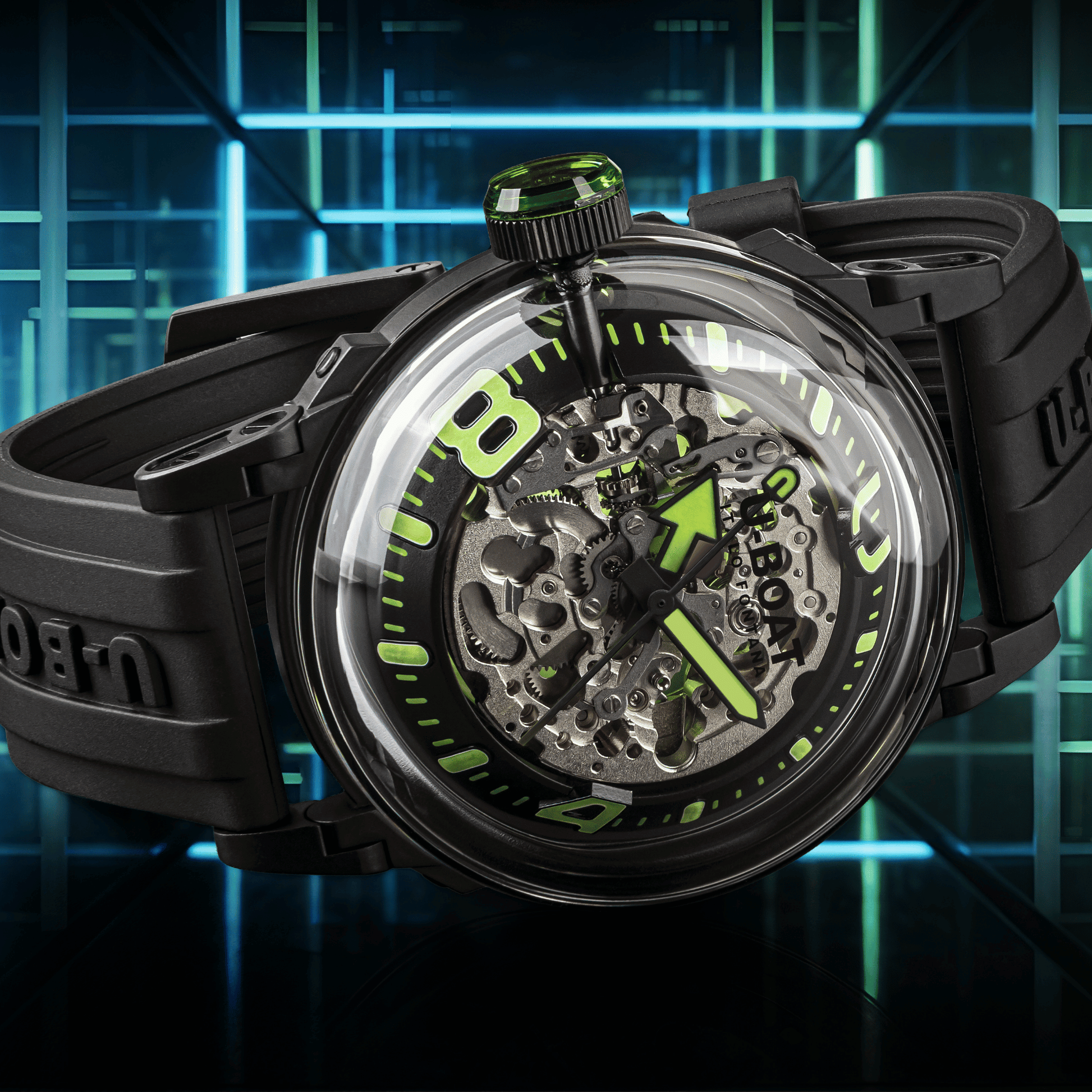 Black and green mechanical watch with transparent face on a dark background