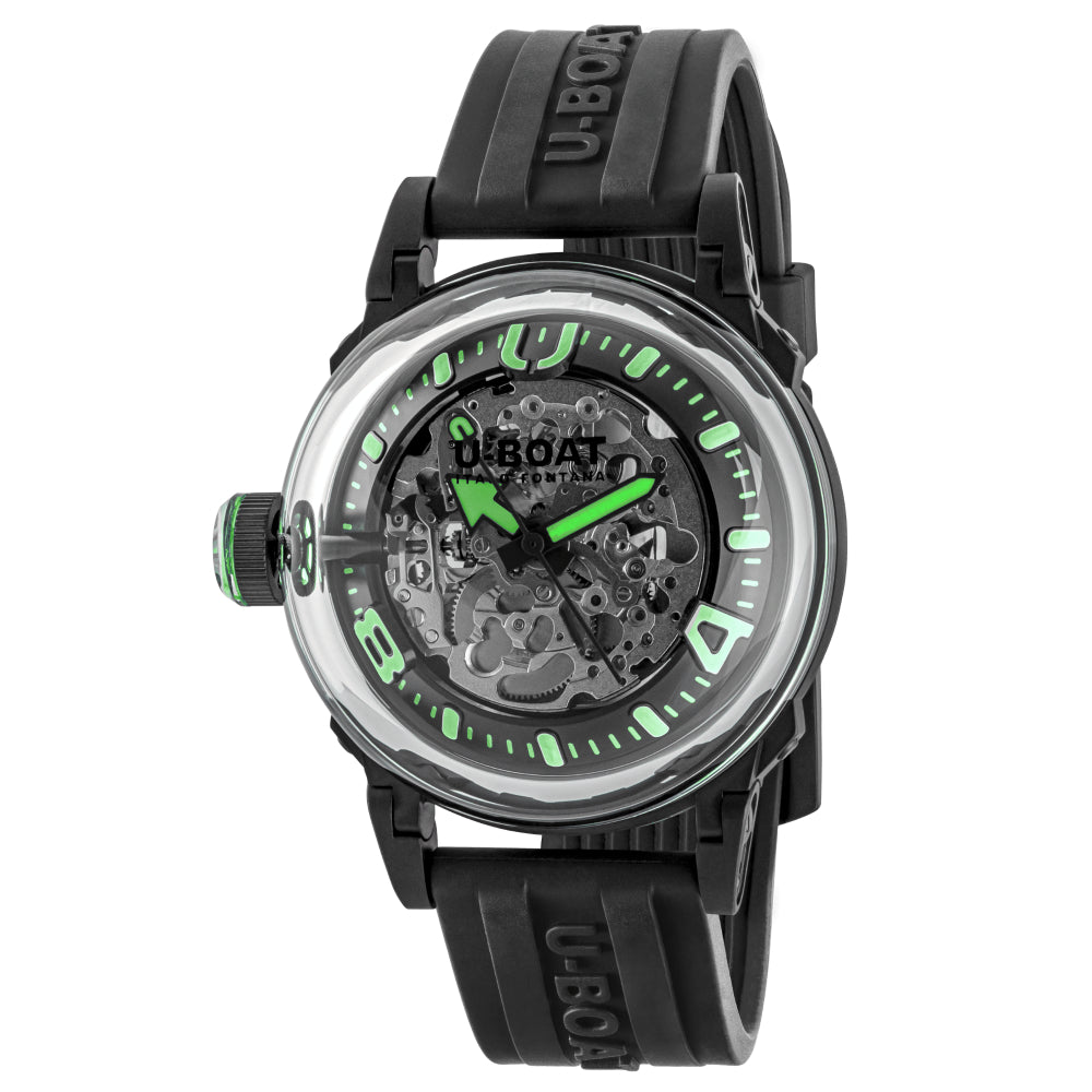 Black wristwatch with green accents on a white background