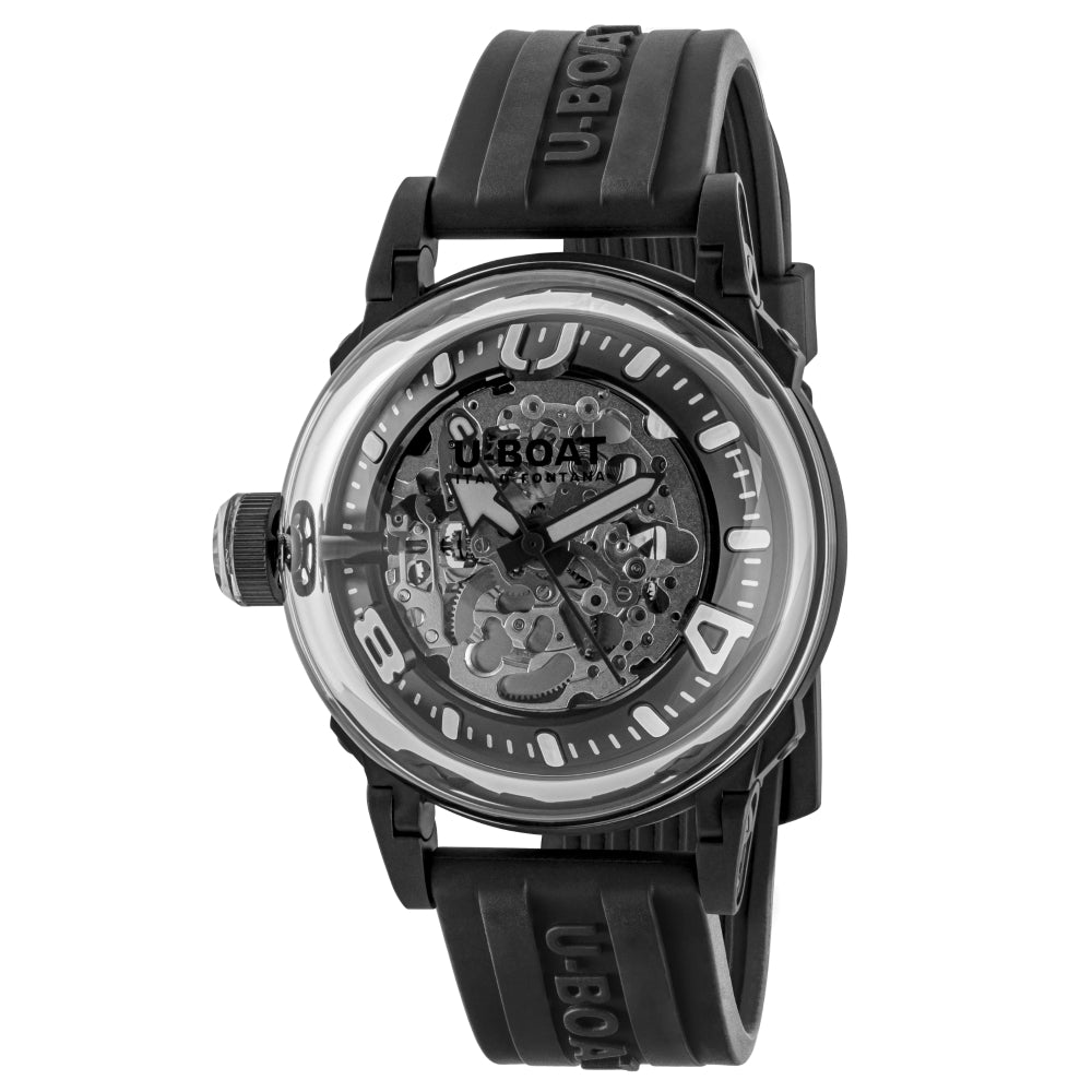 Black wristwatch with a transparent face on a white background