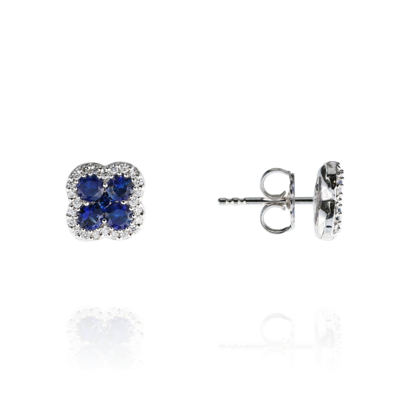 18k White Gold Clover Shape Sapphire and Diamond Halo Stud Earrings