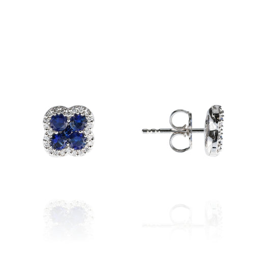 18k White Gold Clover Shape Sapphire and Diamond Halo Stud Earrings