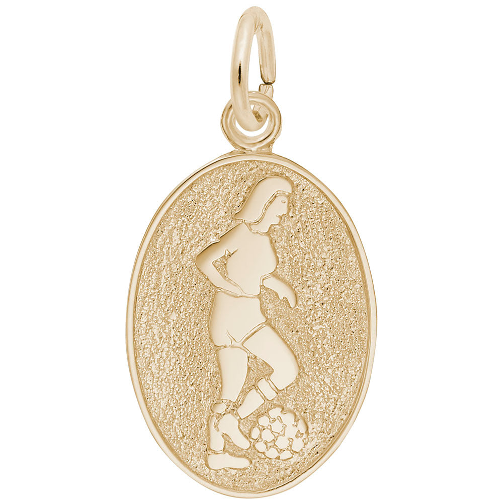 Gold oval charm depicting a woman playing soccer on a white background