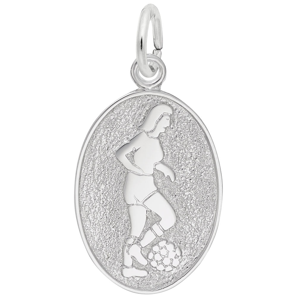 Silver oval charm depicting a woman playing soccer on a white background