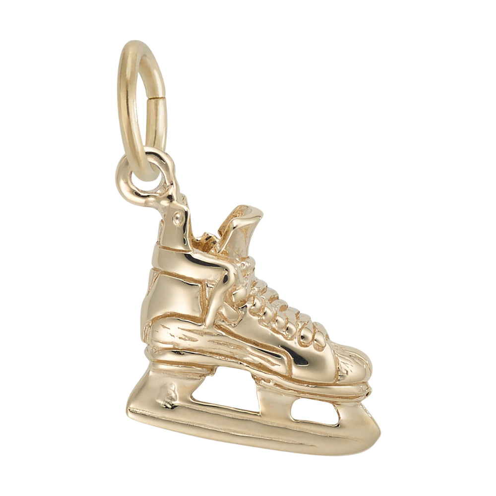 A polished gold ice skate charm with a detailed boot and blade, shown on a plain white background. Facing right