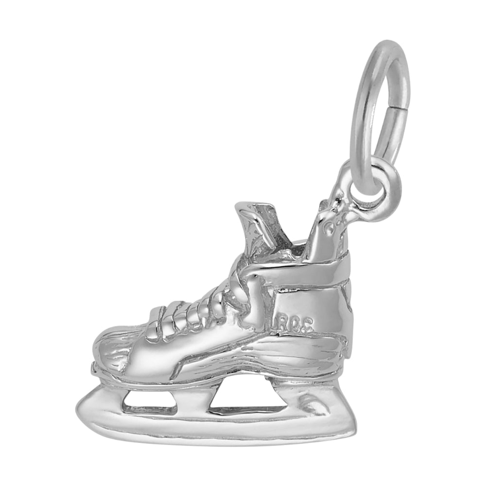 A polished silver ice skate charm with a detailed boot and blade, shown on a plain white background. Facing left