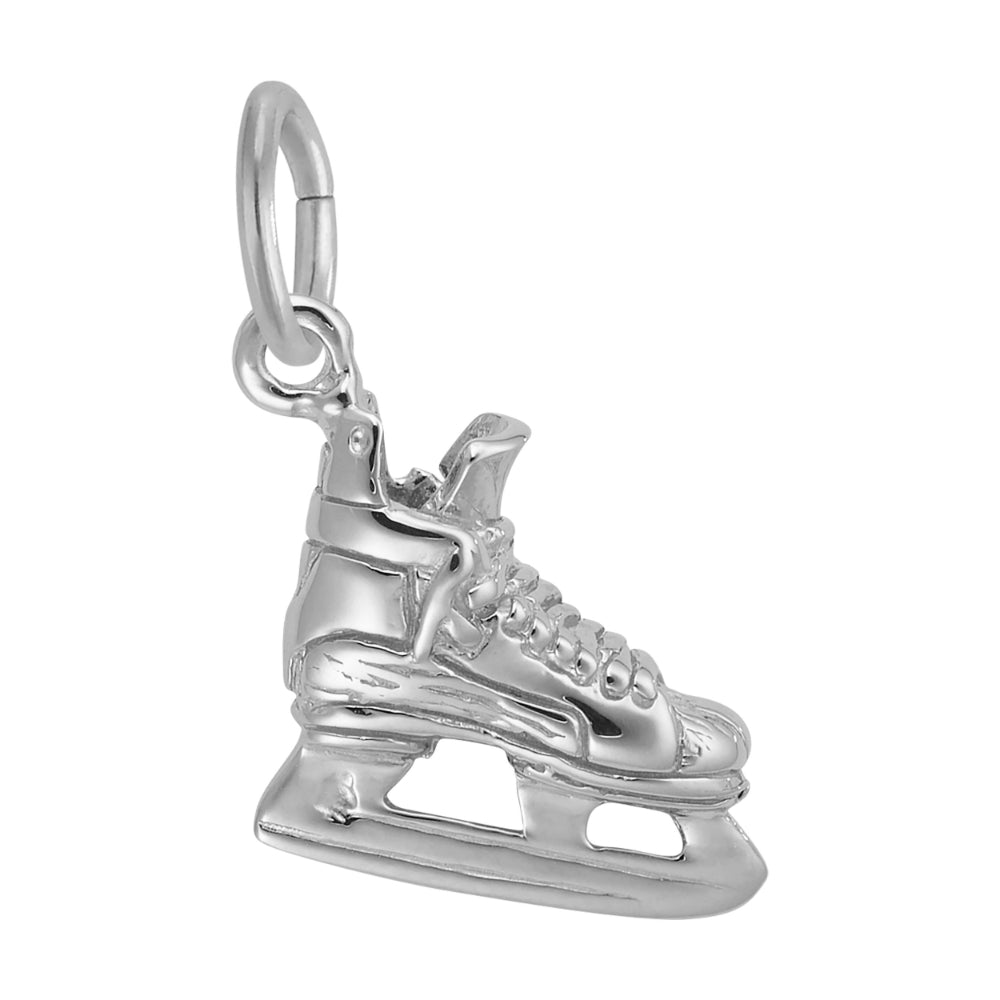 A polished silver ice skate charm with a detailed boot and blade, shown on a plain white background. Facing right