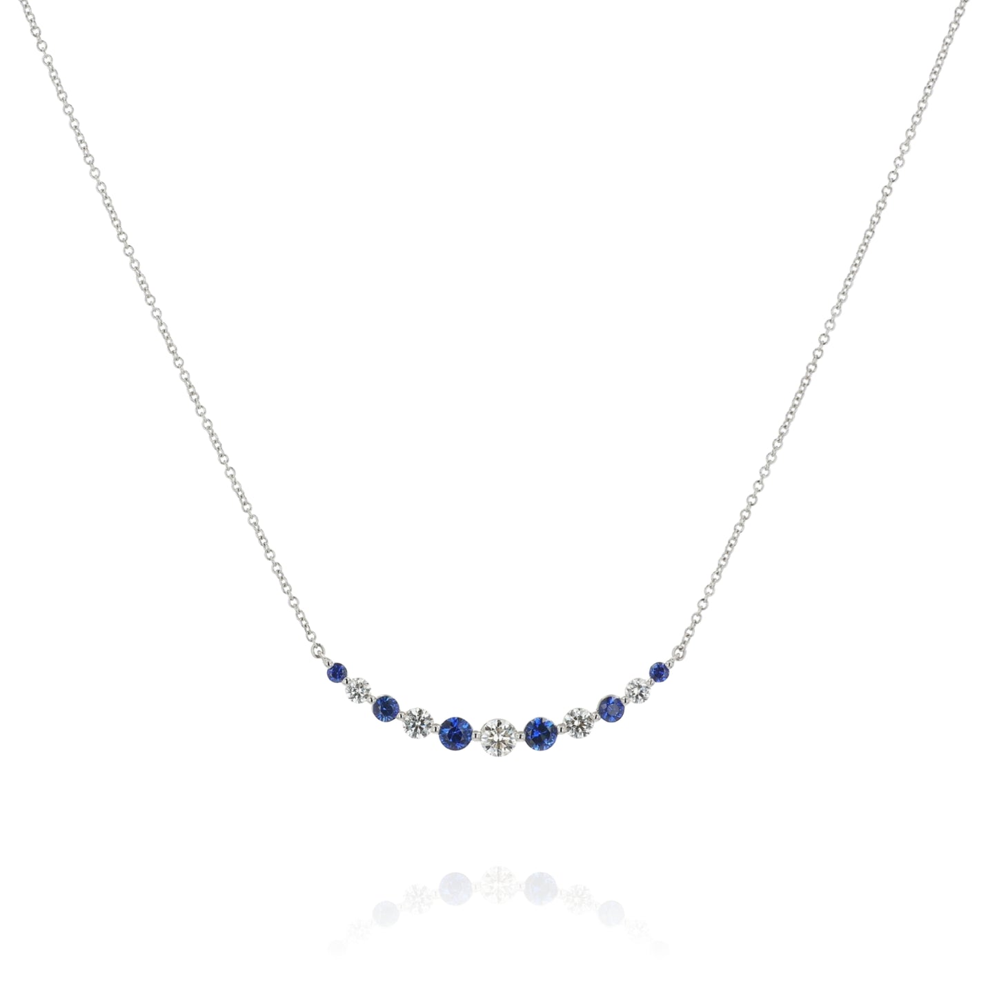 18k White Gold Small Alternating Sapphire and Diamond Curved Bar Necklace