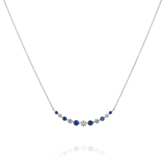 18k White Gold Small Alternating Sapphire and Diamond Curved Bar Necklace