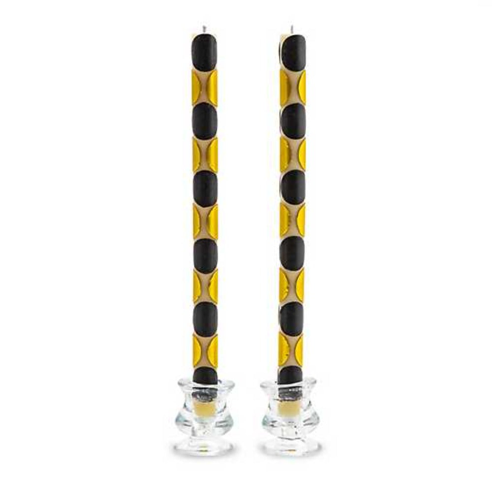 MacKenzie Childs Macrodot Dinner Candles Set of 2 Black & Gold in glass holders