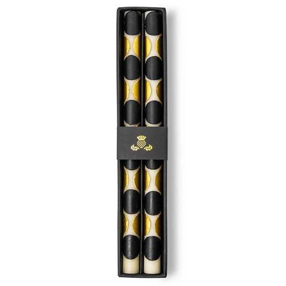 MacKenzie-Childs Macrodot Dinner Candles Set of 2 Black & Gold boxed