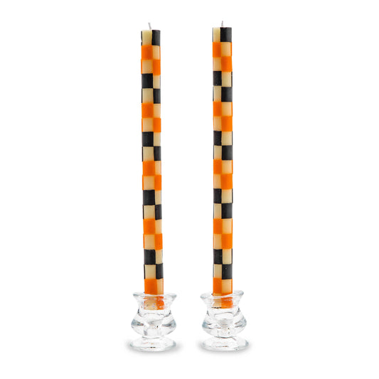 MacKenzie-Childs Check Dinner Candles - Black & Orange - Set of 2