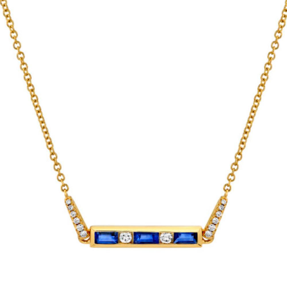 Yellow Gold  Bar Pendant - alternating 3  Baguette Sapphires  2 round diamonds on a yellow gold chain 16-18 inches in length 