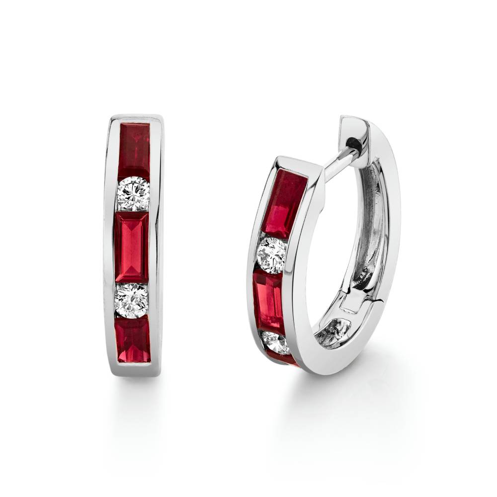 14k Ruby and Diamond Hoop Earrings